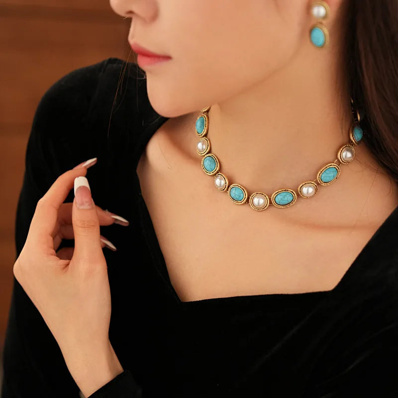 Turquoise & Pearl Antique Gold Statement Set 1