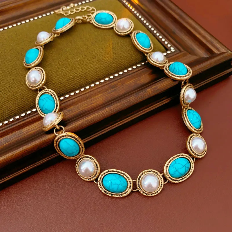 Turquoise & Pearl Antique Gold Statement Set 2