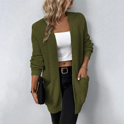 Nadeen | Ribbed Open-Front Longline Cardigan with Patch Pockets