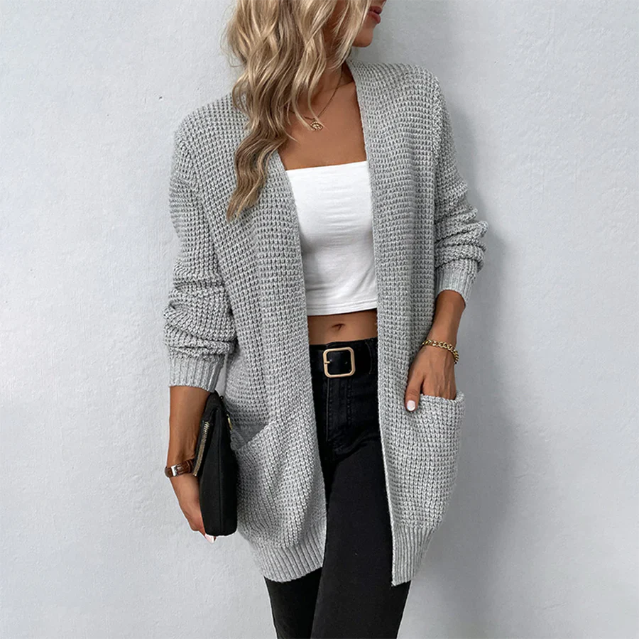 Nadeen | Ribbed Open-Front Longline Cardigan with Patch Pockets