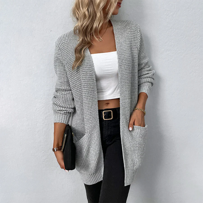 Nadeen | Ribbed Open-Front Longline Cardigan with Patch Pockets