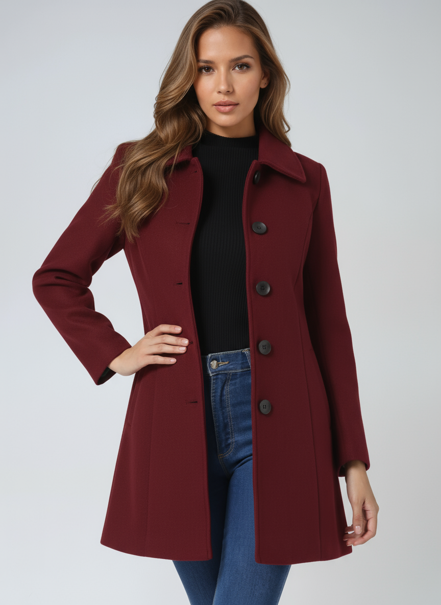 Rosalind | Women's Long Coat Fit-and-Flare Button Front Style