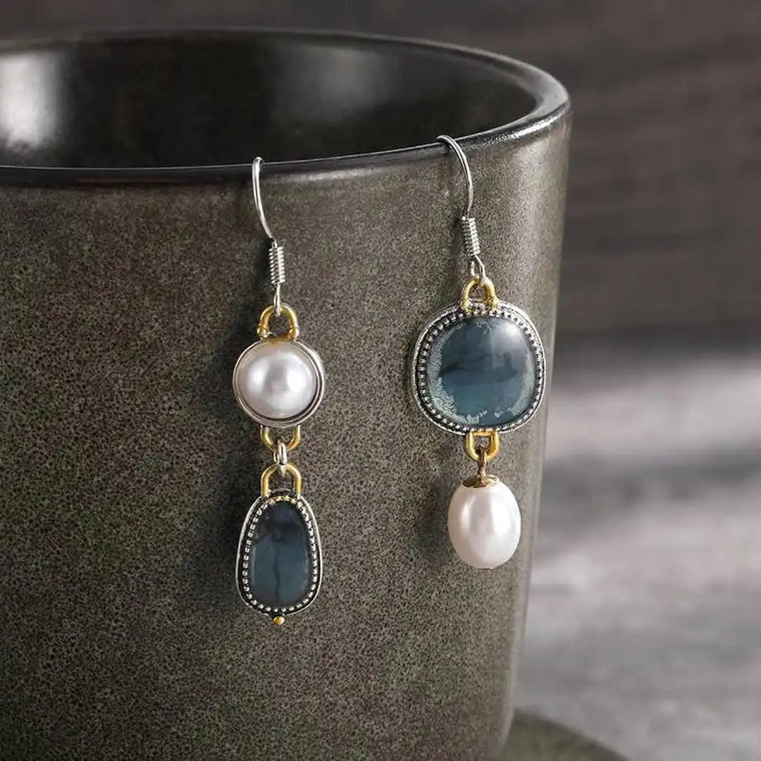 Vintage Blue Stone Pearl Earrings 0