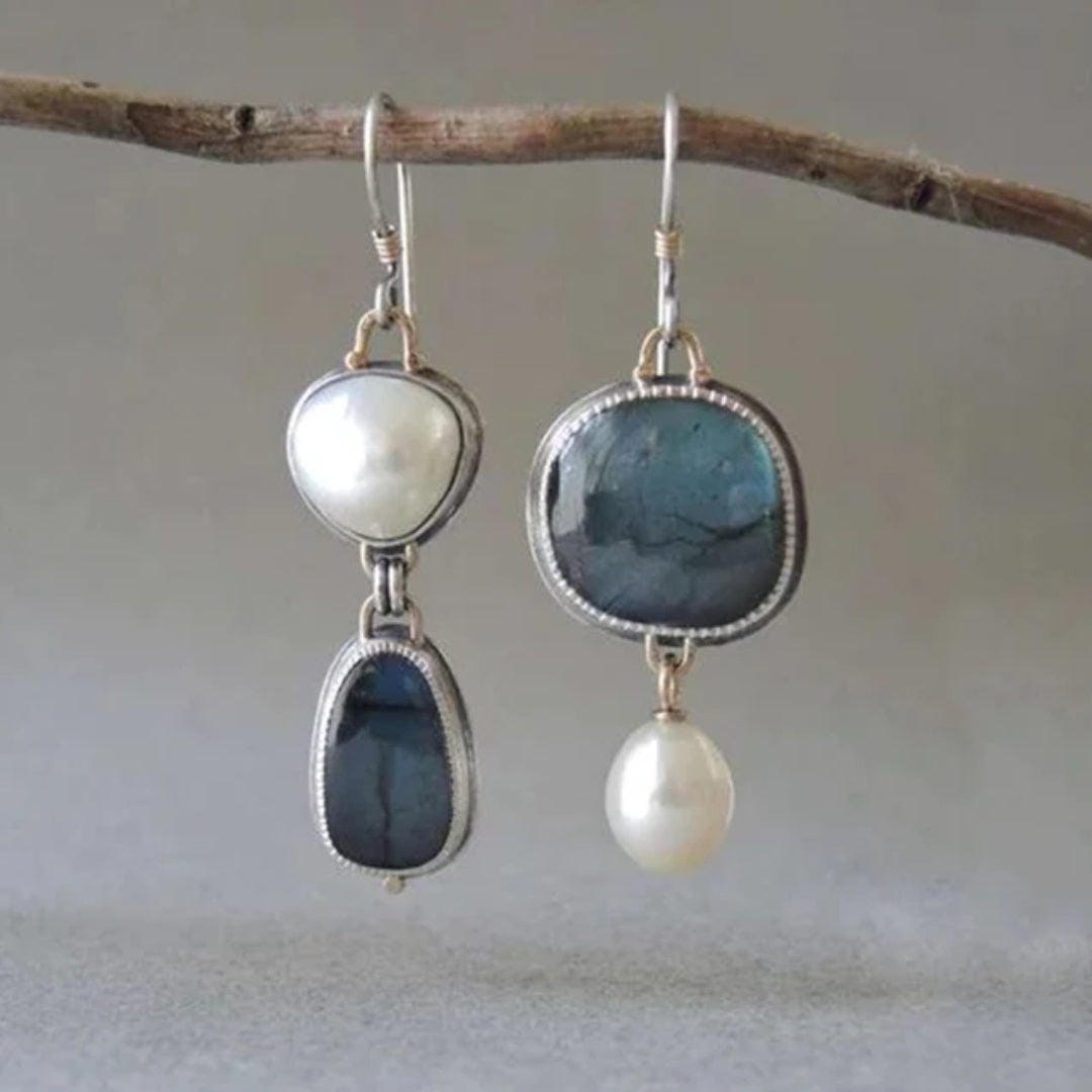 Vintage Blue Stone Pearl Earrings 2