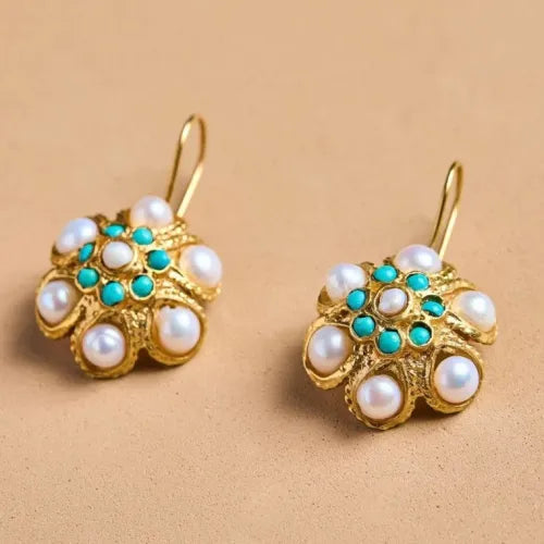 Vintage Turquoise & Pearl Medallion Earrings 0
