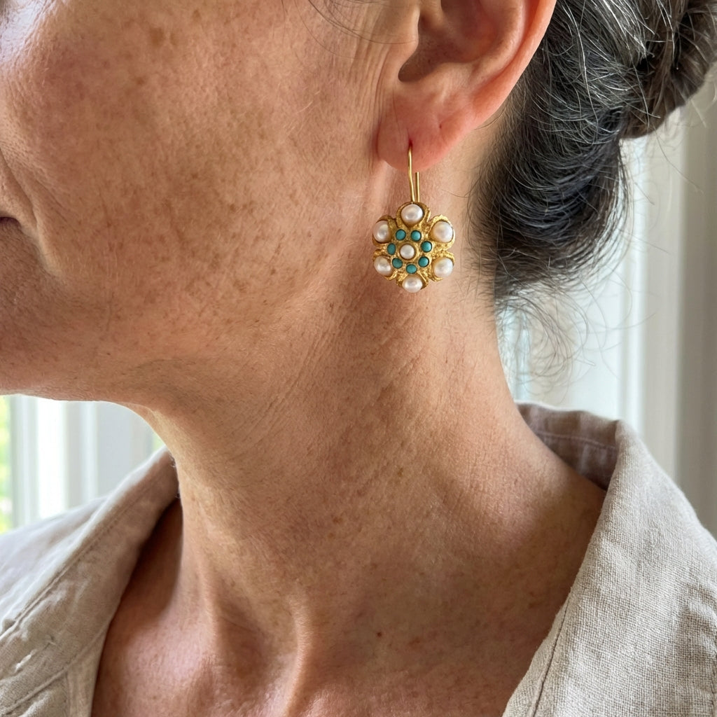 Vintage Turquoise & Pearl Medallion Earrings 1