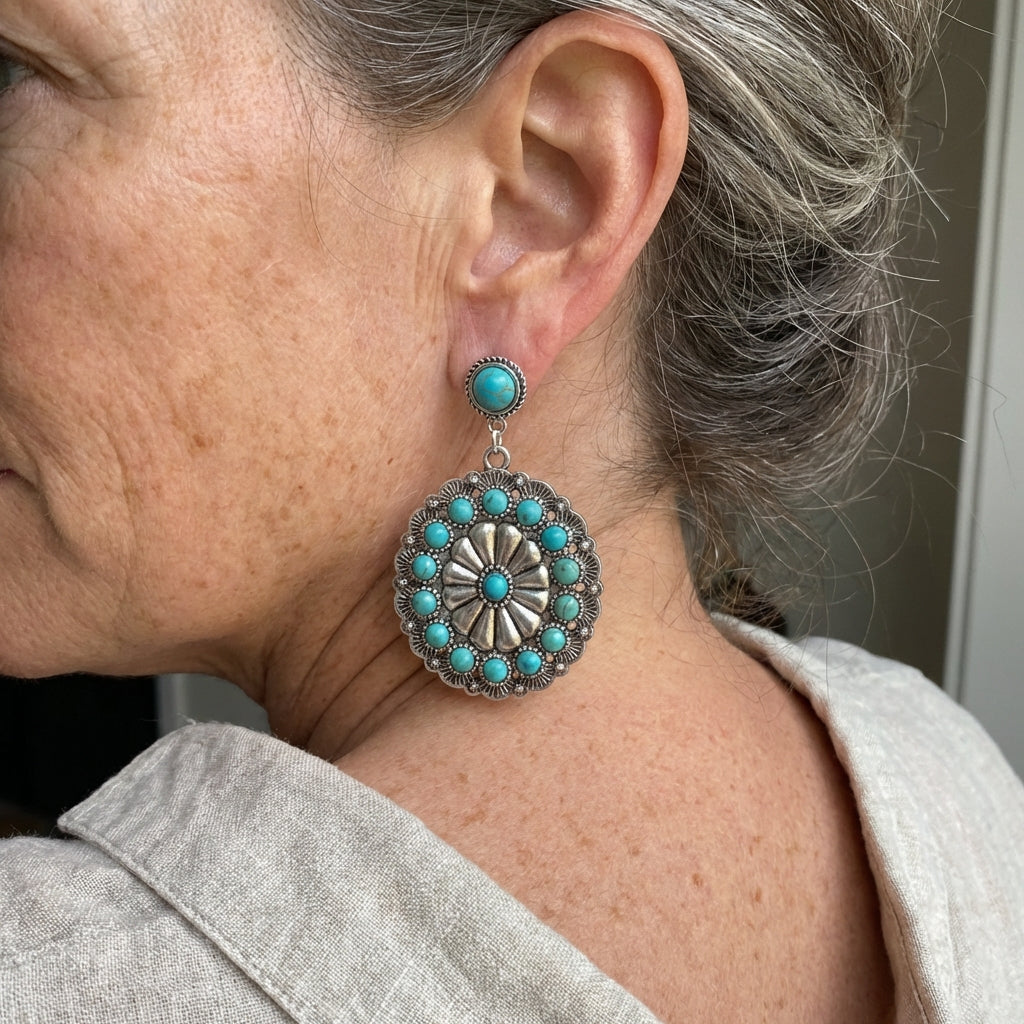 Vintage Turquoise & Pearl Medallion Earrings 3