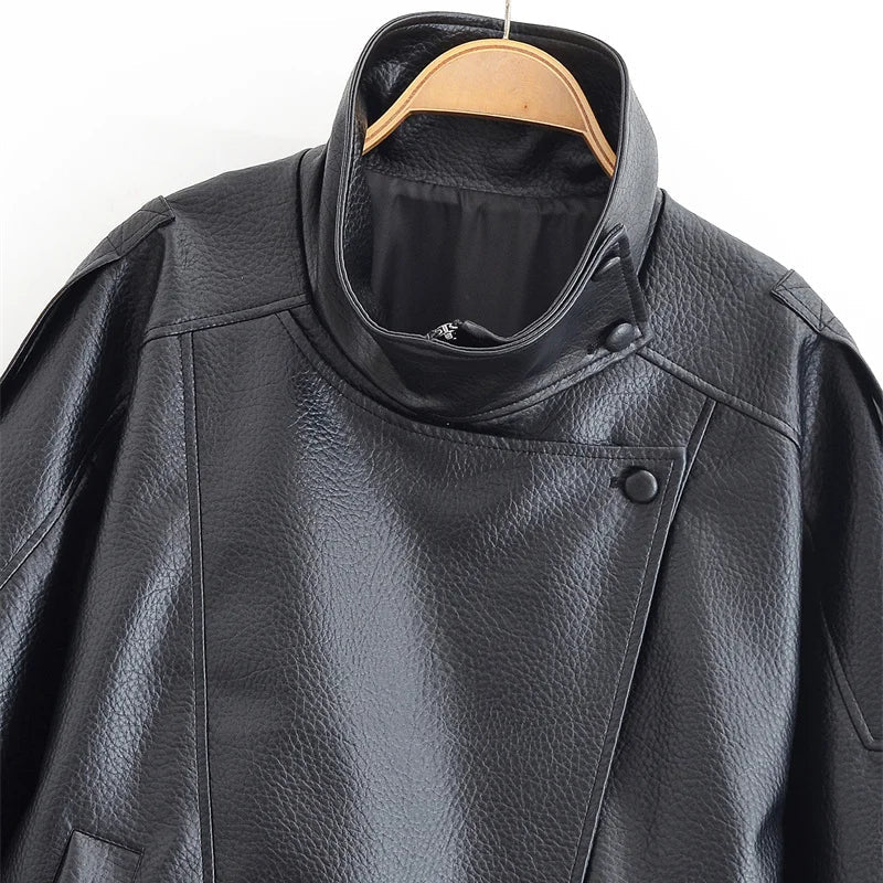 Dorianne | Notch Lapel Longline Leather Jacket for Women