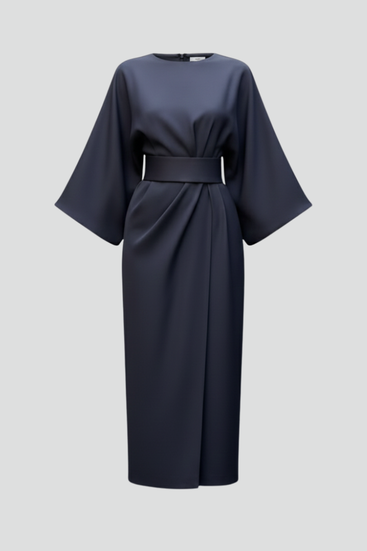 Sanne | Belted Wide-Sleeve Ladies Midi Dresses Round Neck