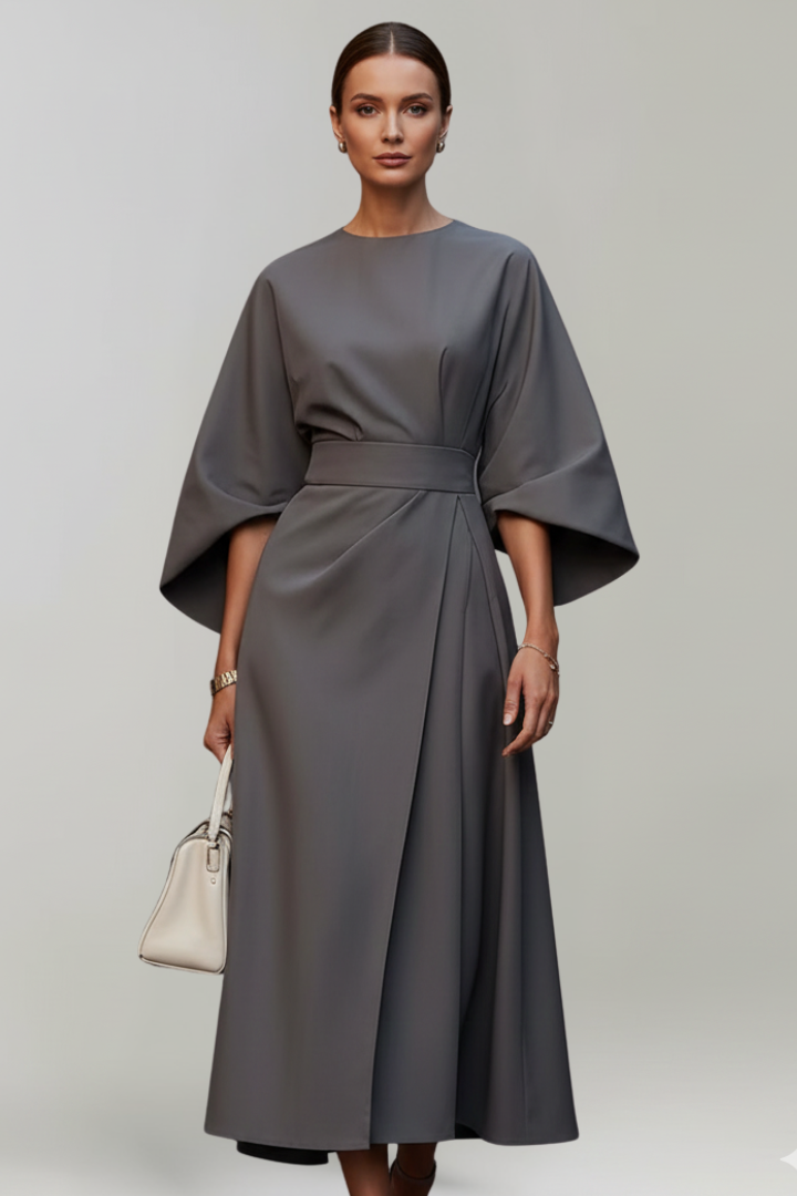 Sanne | Belted Wide-Sleeve Ladies Midi Dresses Round Neck