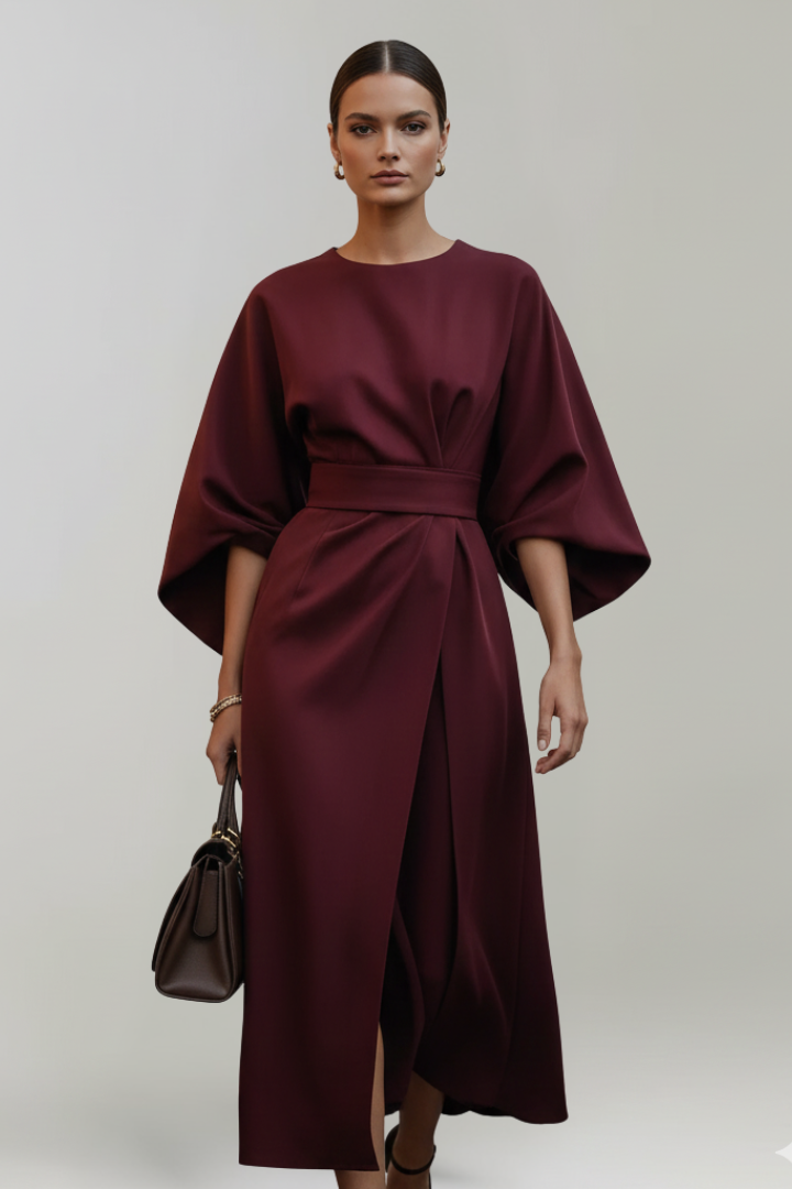 Sanne | Belted Wide-Sleeve Ladies Midi Dresses Round Neck