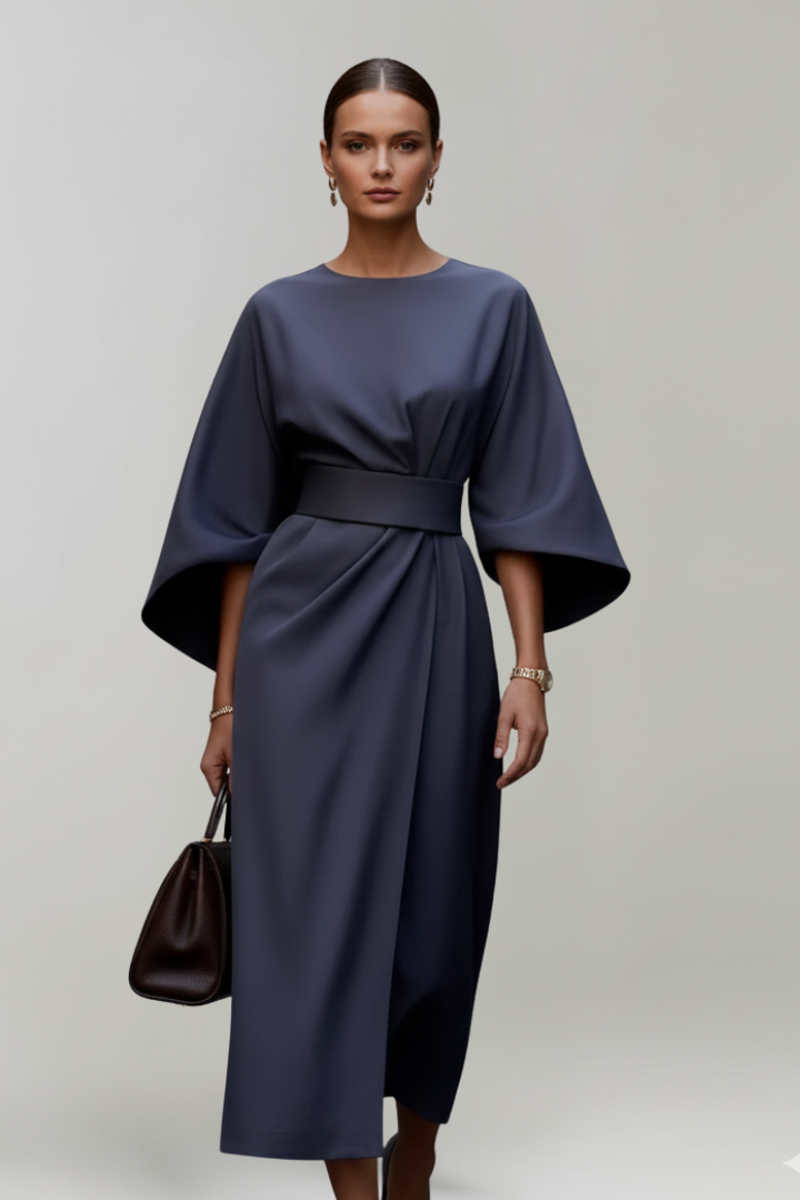 Sanne | Belted Wide-Sleeve Ladies Midi Dresses Round Neck