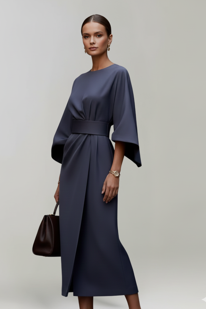 Sanne | Belted Wide-Sleeve Ladies Midi Dresses Round Neck