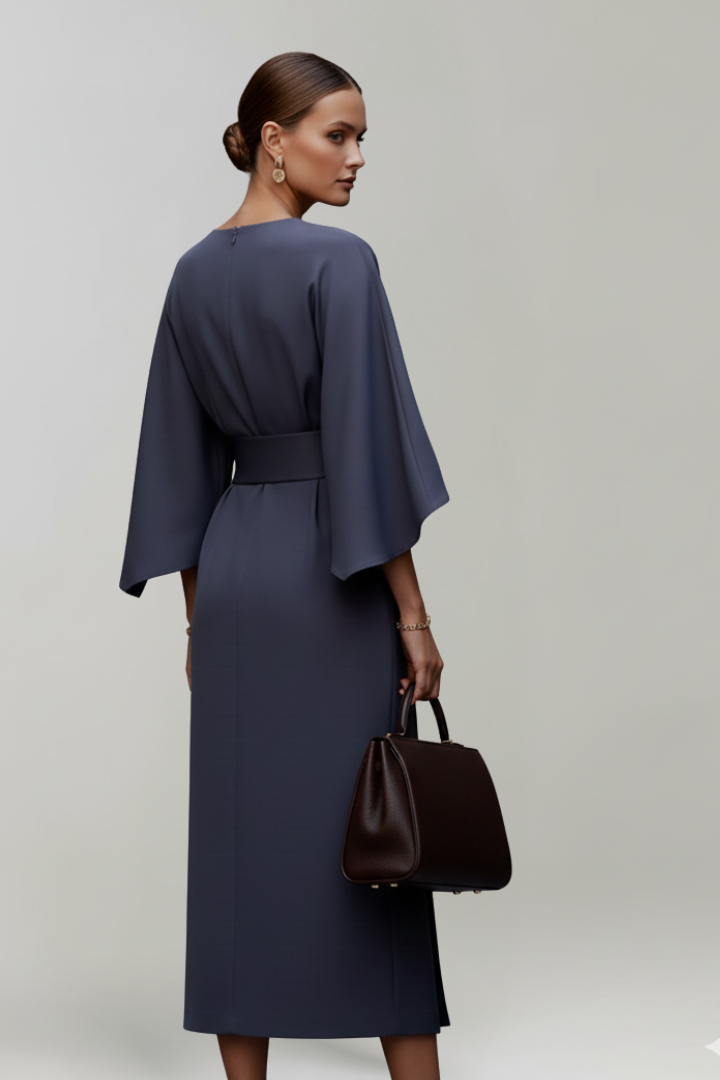 Sanne | Belted Wide-Sleeve Ladies Midi Dresses Round Neck