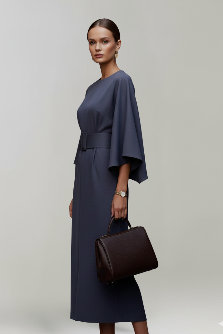 Sanne | Belted Wide-Sleeve Ladies Midi Dresses Round Neck
