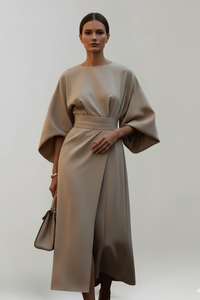 Sanne | Belted Wide-Sleeve Ladies Midi Dresses Round Neck