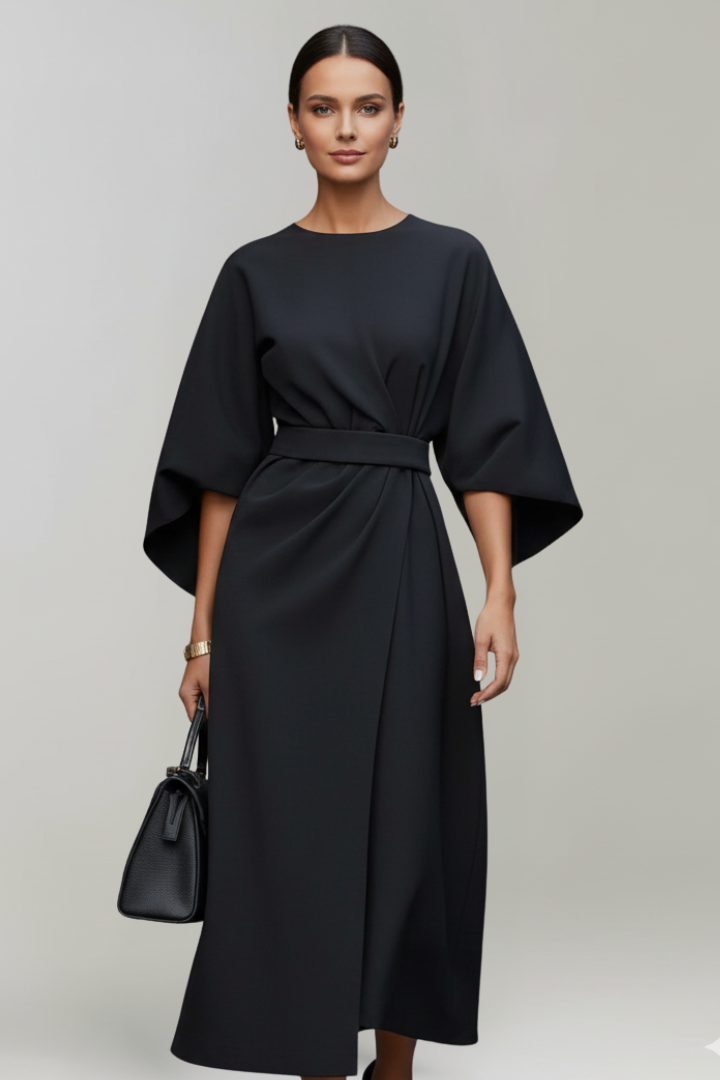 Sanne | Belted Wide-Sleeve Ladies Midi Dresses Round Neck
