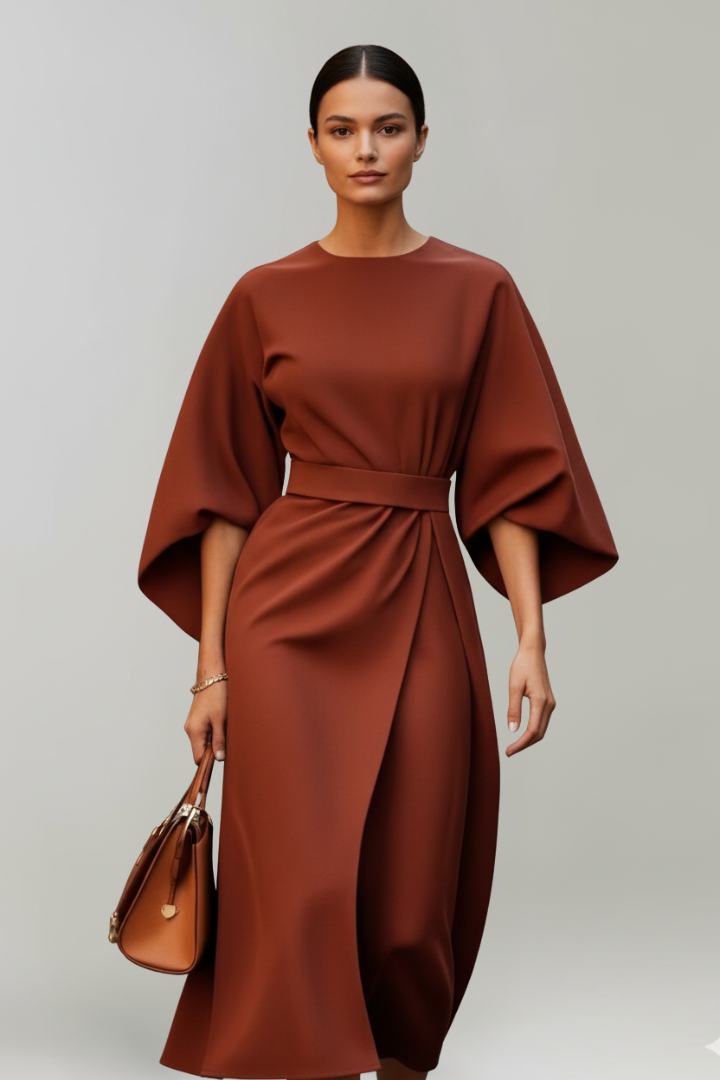 Sanne | Belted Wide-Sleeve Ladies Midi Dresses Round Neck