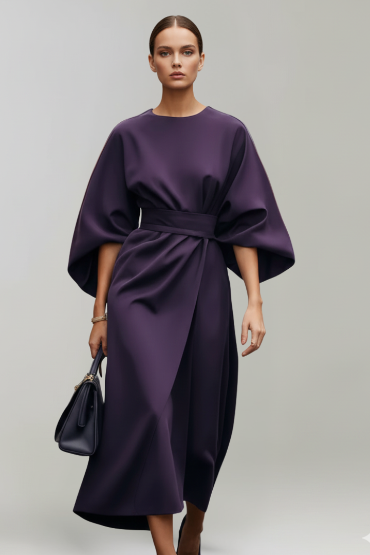 Sanne | Belted Wide-Sleeve Ladies Midi Dresses Round Neck