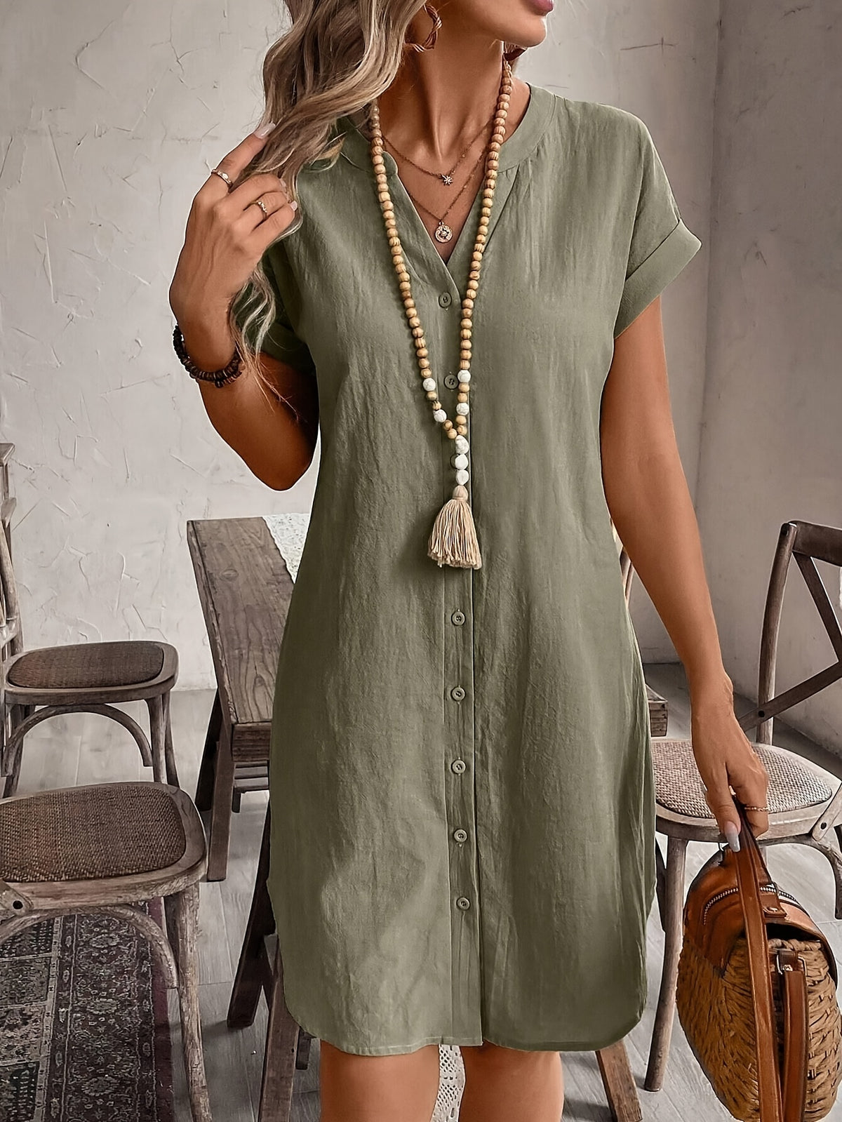 Carlijn | Button-Front Shift Dress with V-Neck for Women