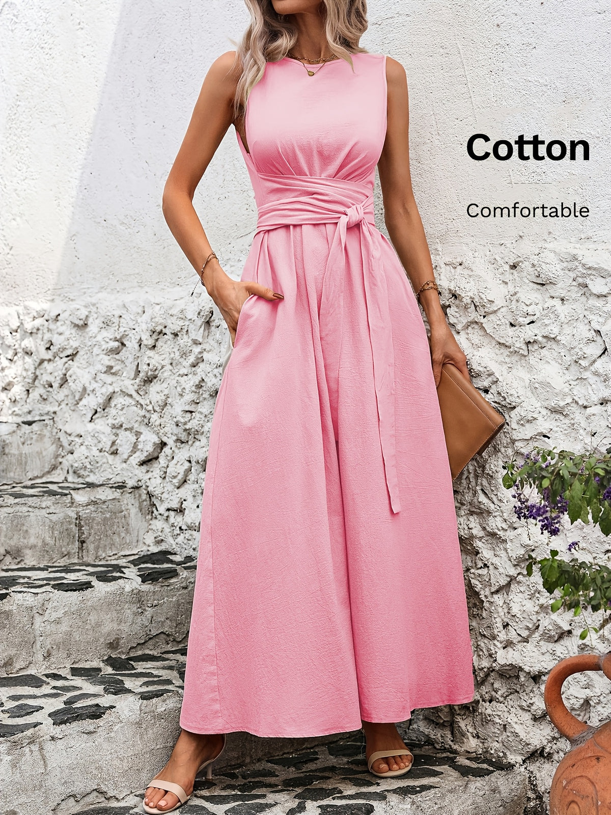 Caroline | Belted Wrap-Waist Sleeveless Maxi Dress for Women