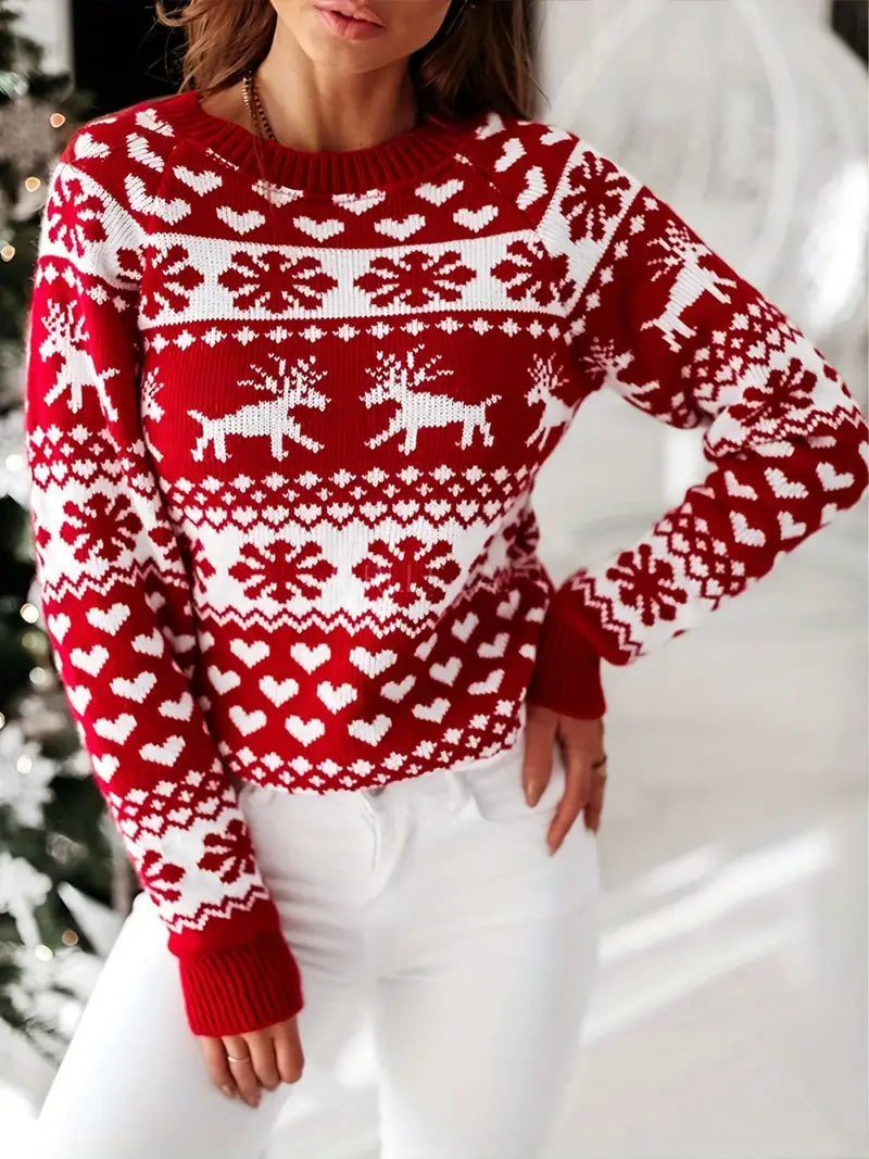Beate | Christmas Sweater with Reindeer Pattern Crew Neck