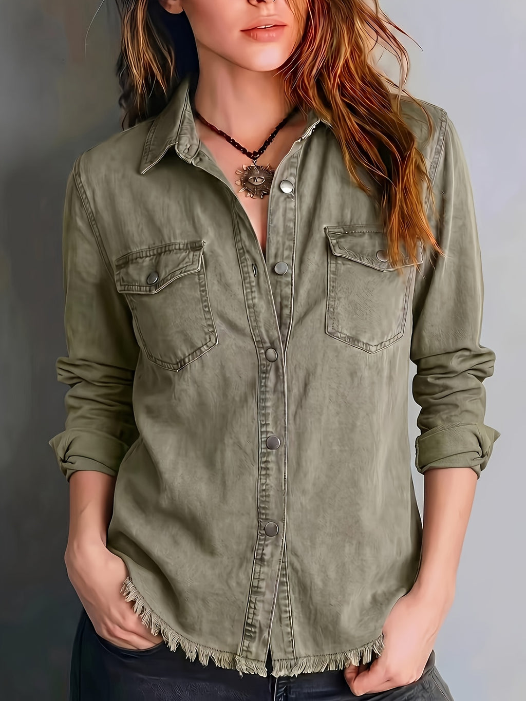 Ariane | Washed Button-Front Shirt with Fringe Hem for Women