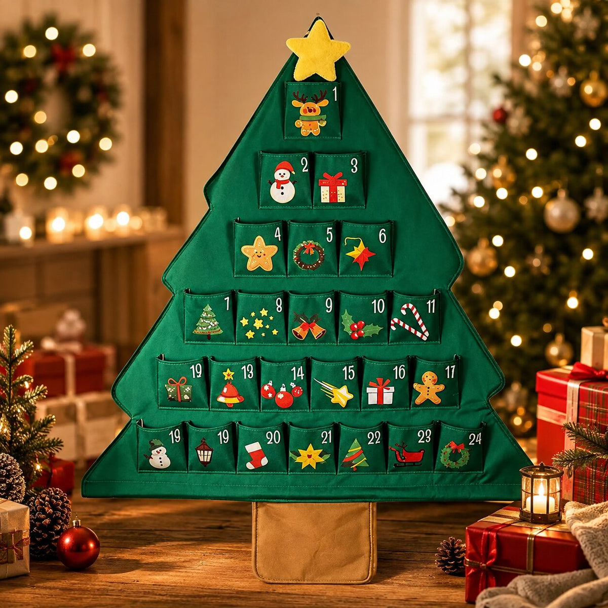 FABRIC CHRISTMAS TREE ADVENT CALENDAR – 24 REFILLABLE POCKETS