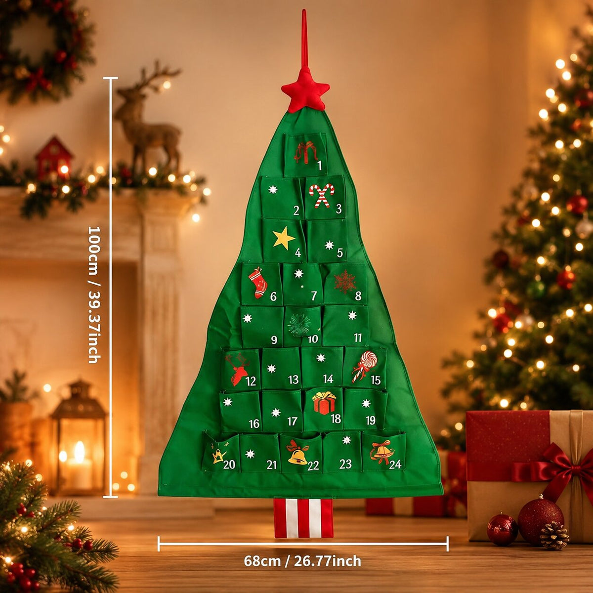 FABRIC CHRISTMAS TREE ADVENT CALENDAR – 24 REFILLABLE POCKETS