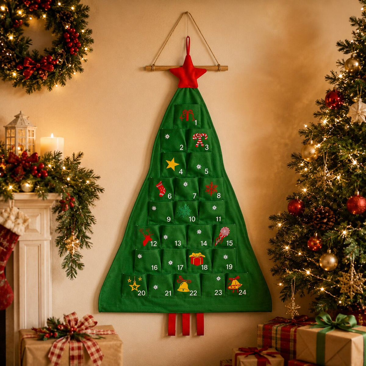 FABRIC CHRISTMAS TREE ADVENT CALENDAR – 24 REFILLABLE POCKETS