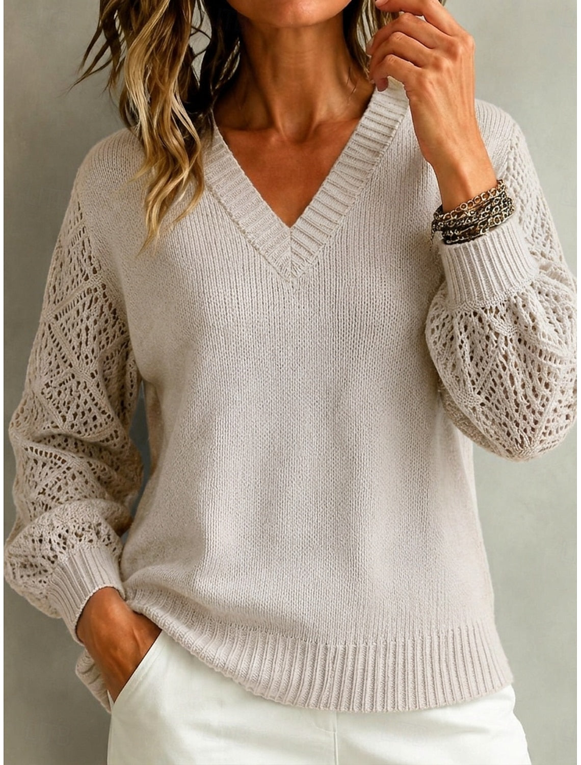 Malin Cable Knit Sweater with V-Neck Crochet Sleeves for Women