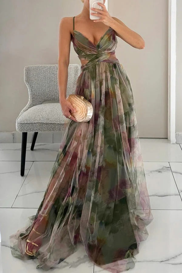 Louisa | Floral V-Neck Maxi Dress with Train for Women