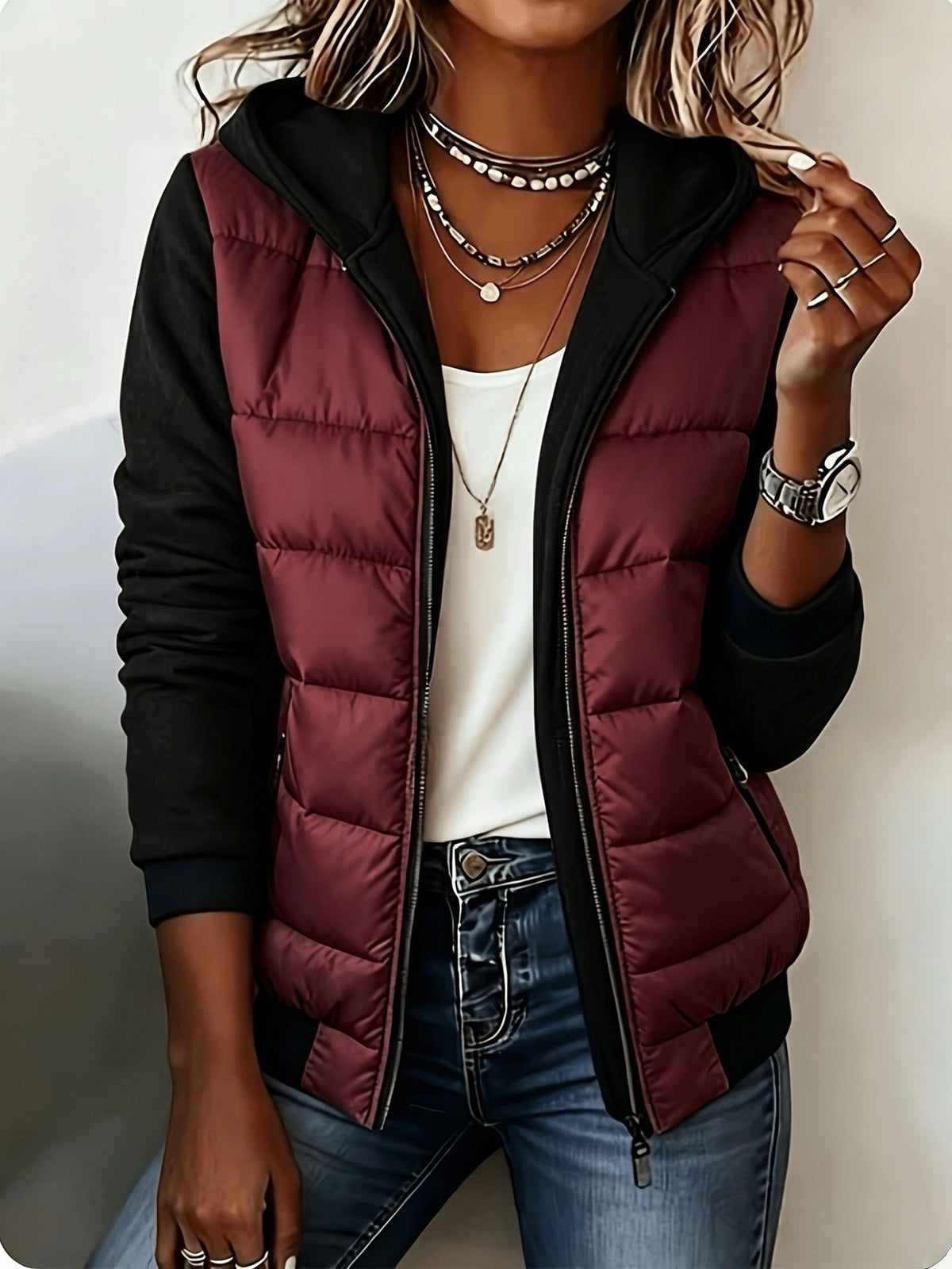 Bea | Quilted Colorblock Puffer Jacket with Hood for Women