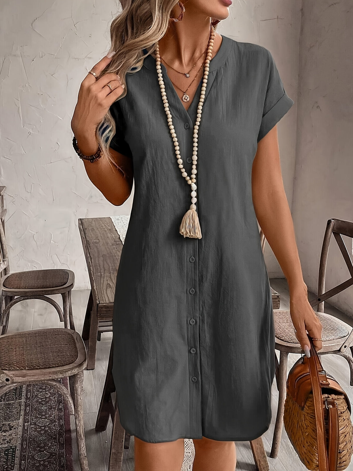 Carlijn | Button-Front Shift Dress with V-Neck for Women