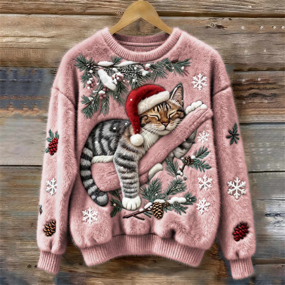 Otje | Christmas Sweater for Women with Cat Print Crew Neck