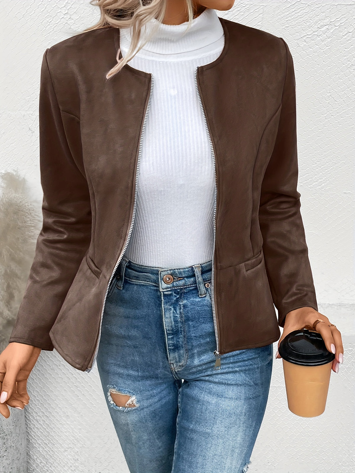 Claudia | Collarless Zip-Front Fitted Blazer Jacket for Women