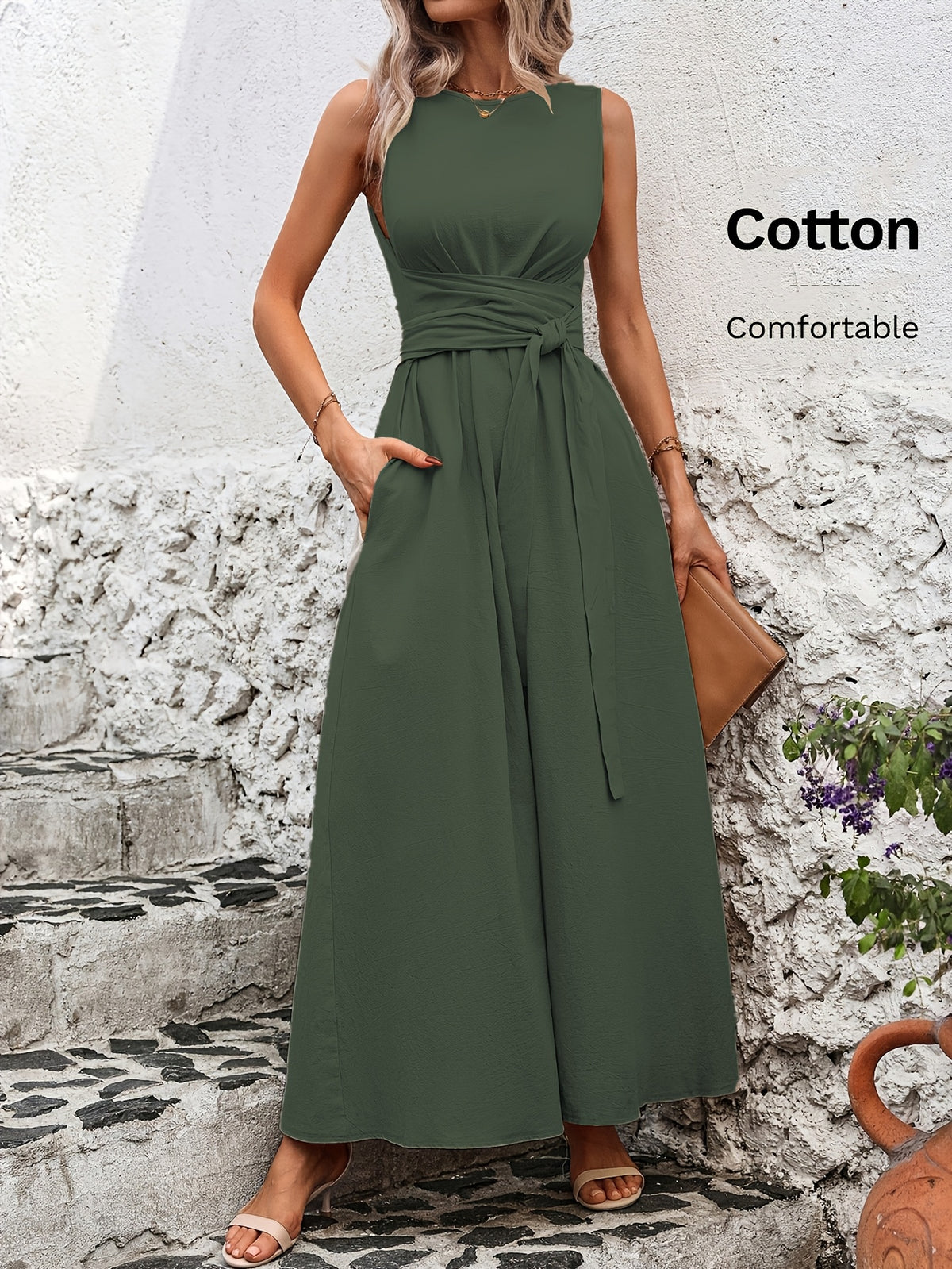 Caroline | Belted Wrap-Waist Sleeveless Maxi Dress for Women