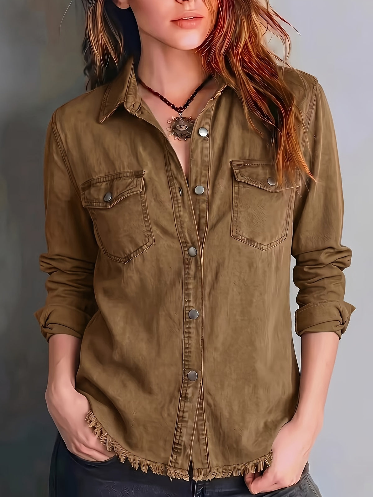 Ariane | Washed Button-Front Shirt with Fringe Hem for Women