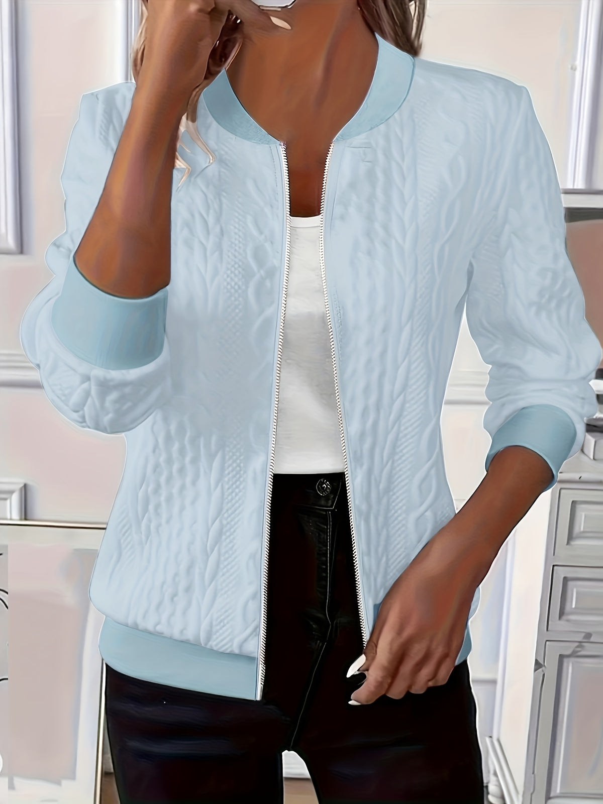 Odelia Cable-Textured Zip-Up Bomber Jacket for Women
