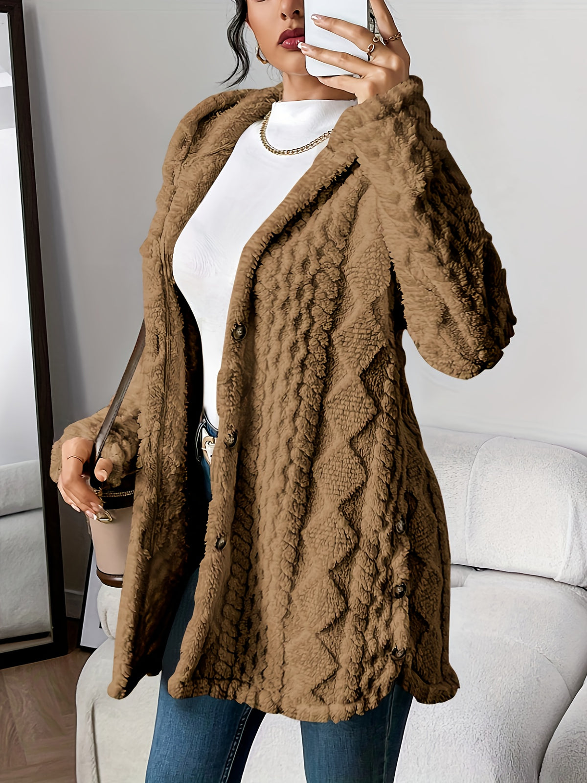 Christiane | Cable-Knit Textured Cardigan Coat with Hood