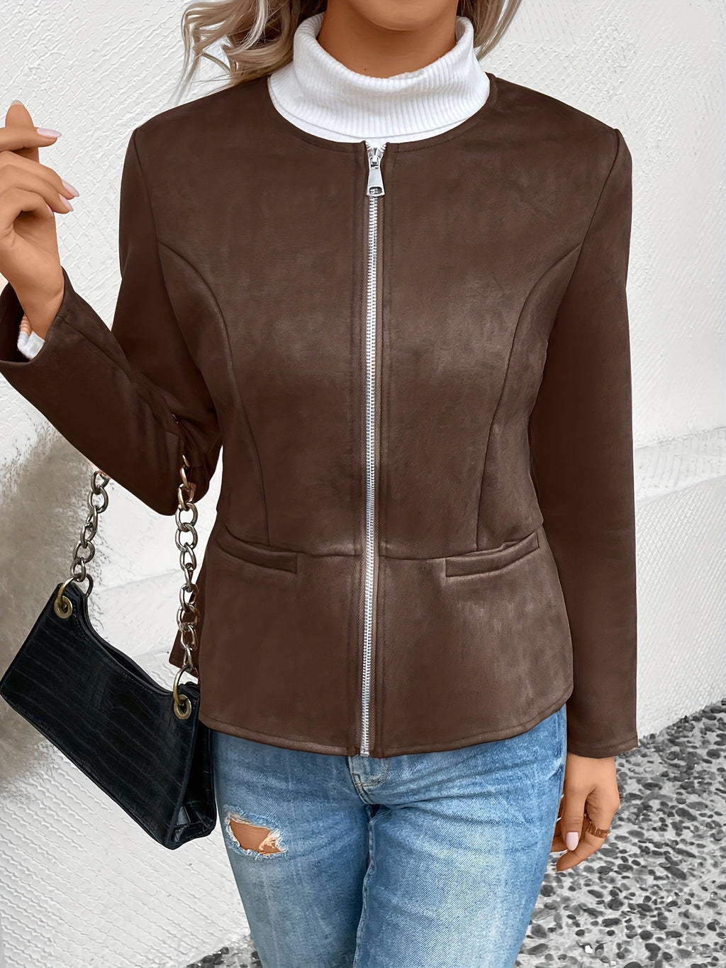 Claudia | Collarless Zip-Front Fitted Blazer Jacket for Women