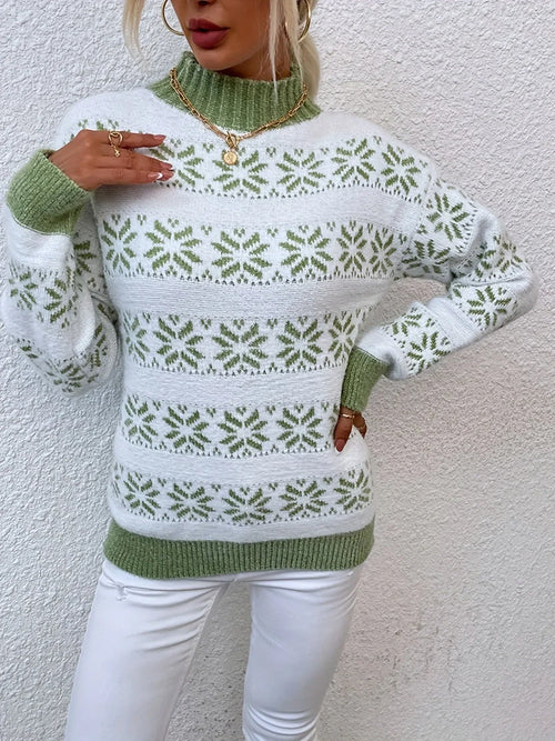 Alexandrine | Christmas Sweater with Snowflake Print Mock Neck