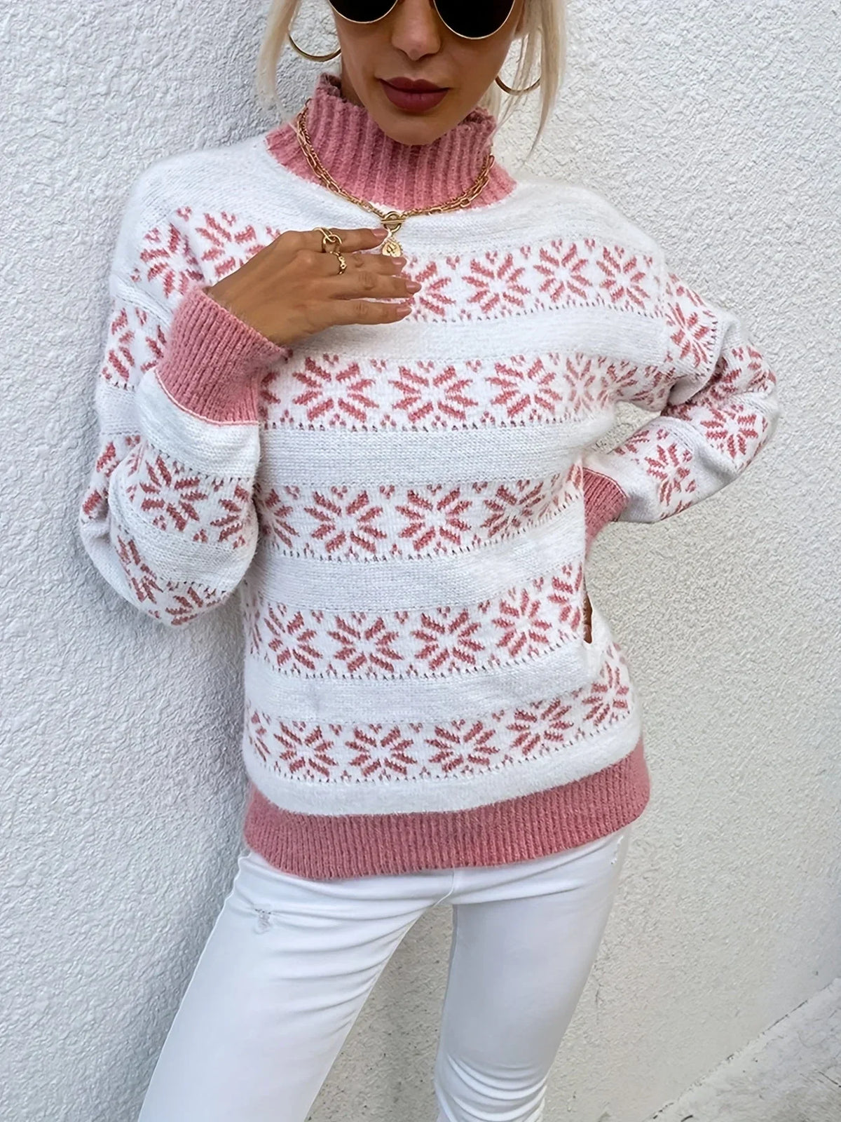 Alexandrine | Christmas Sweater with Snowflake Print Mock Neck
