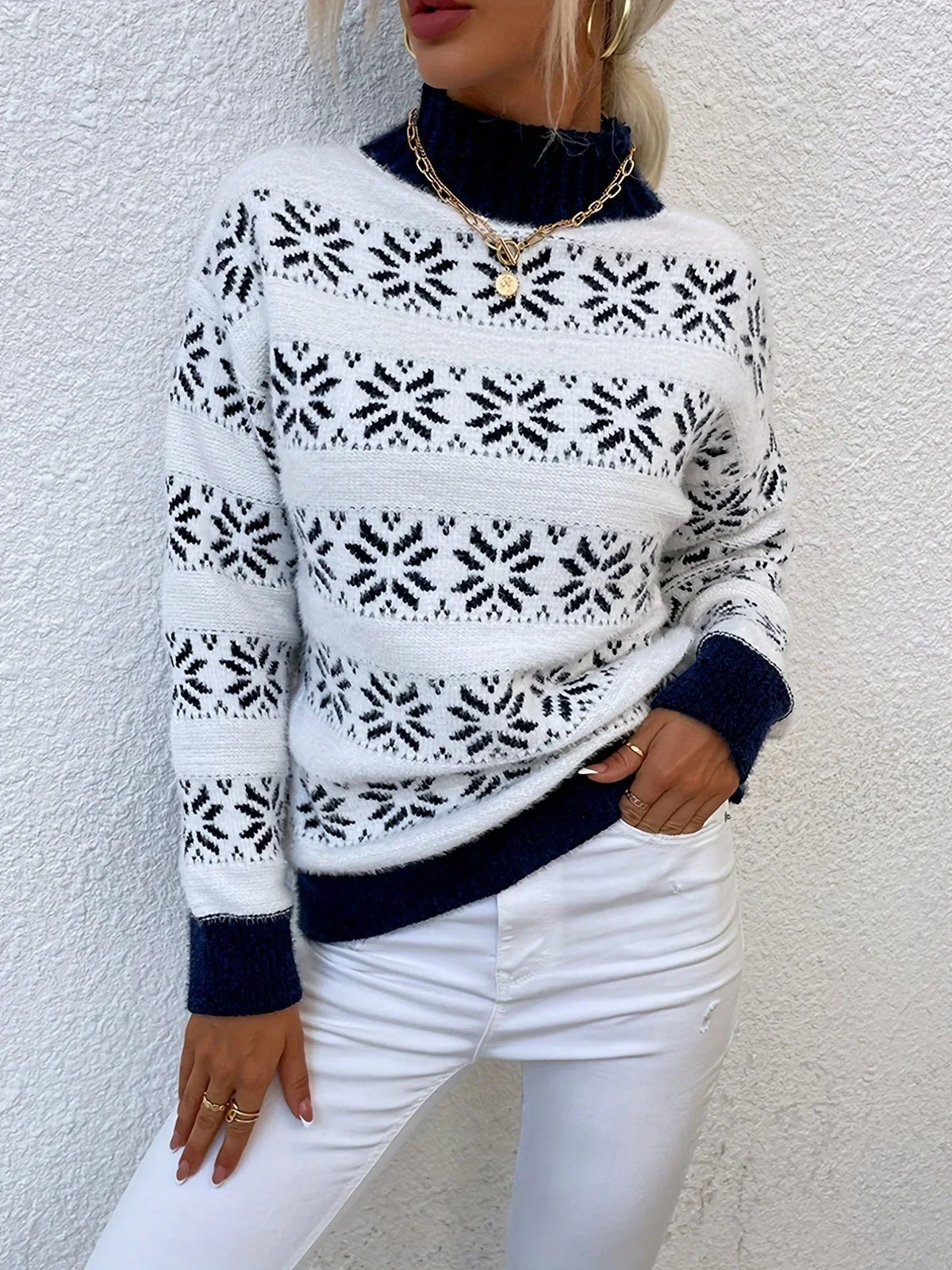 Alexandrine | Christmas Sweater with Snowflake Print Mock Neck