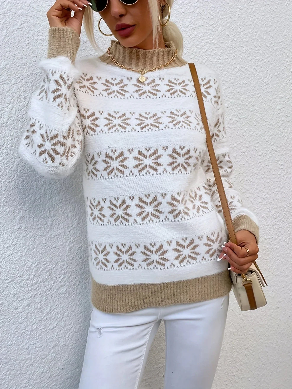 Alexandrine | Christmas Sweater with Snowflake Print Mock Neck