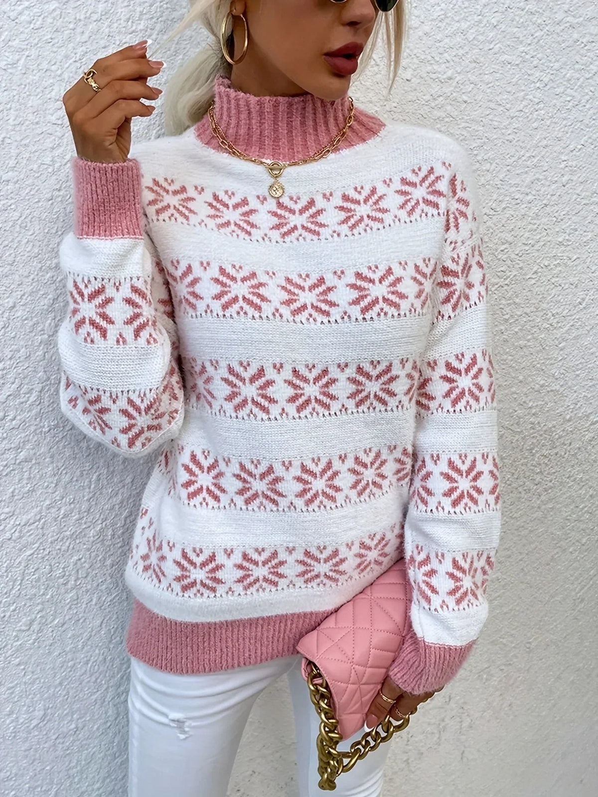 Alexandrine | Christmas Sweater with Snowflake Print Mock Neck