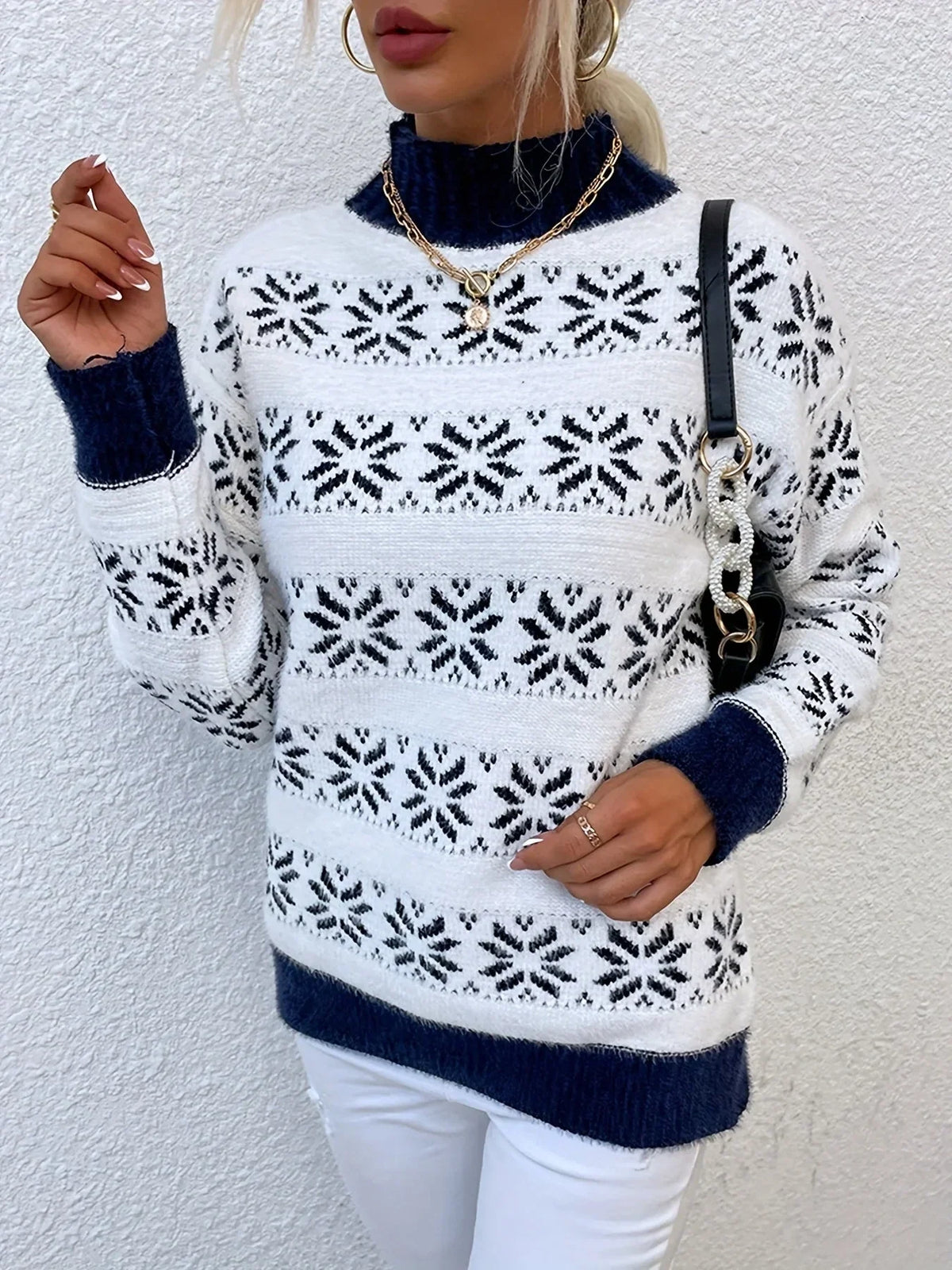 Alexandrine | Christmas Sweater with Snowflake Print Mock Neck