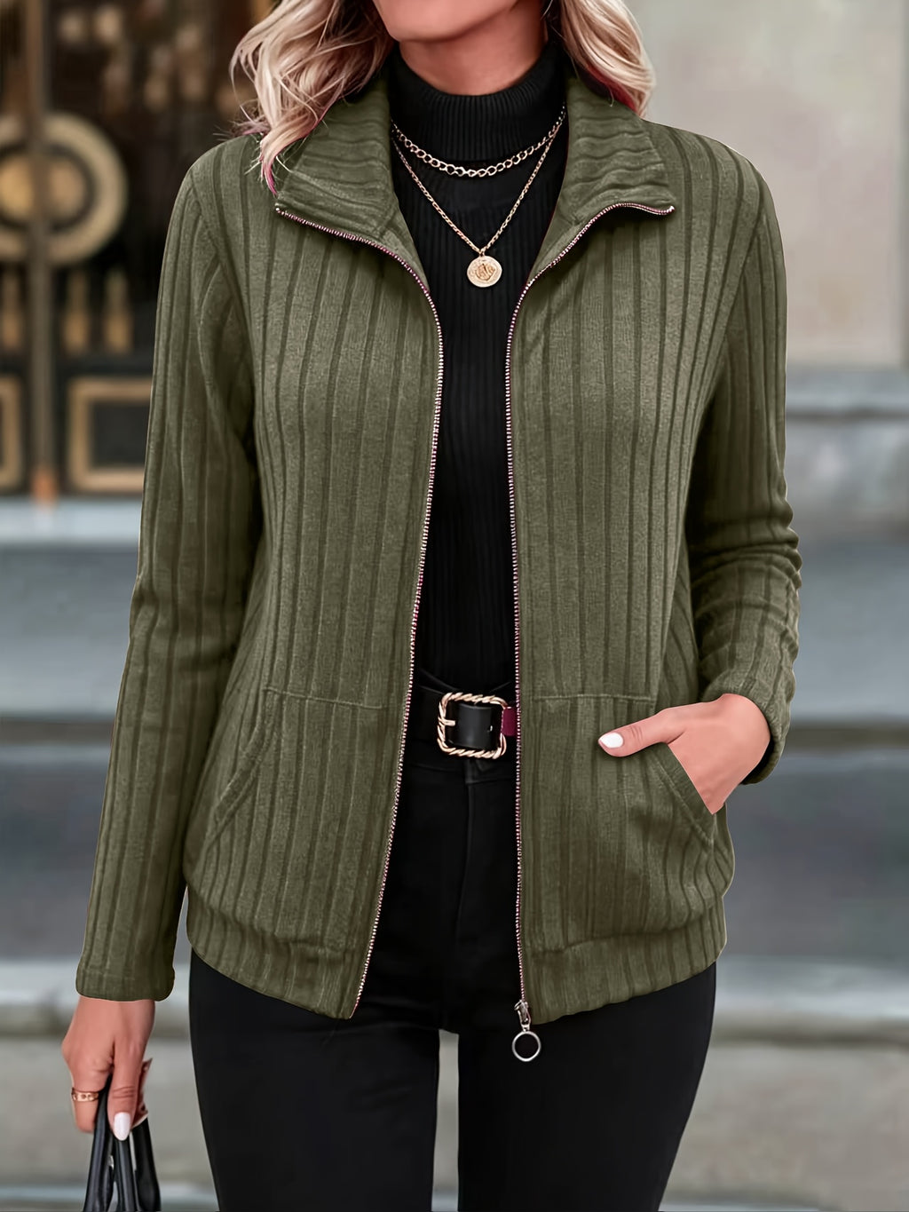 Priska | Ribbed Zip-Front Blazer Jacket with Pockets for Women