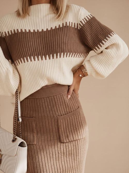 Annigje | Ribbed Turtleneck Sweater & Slit Midi Skirt Set