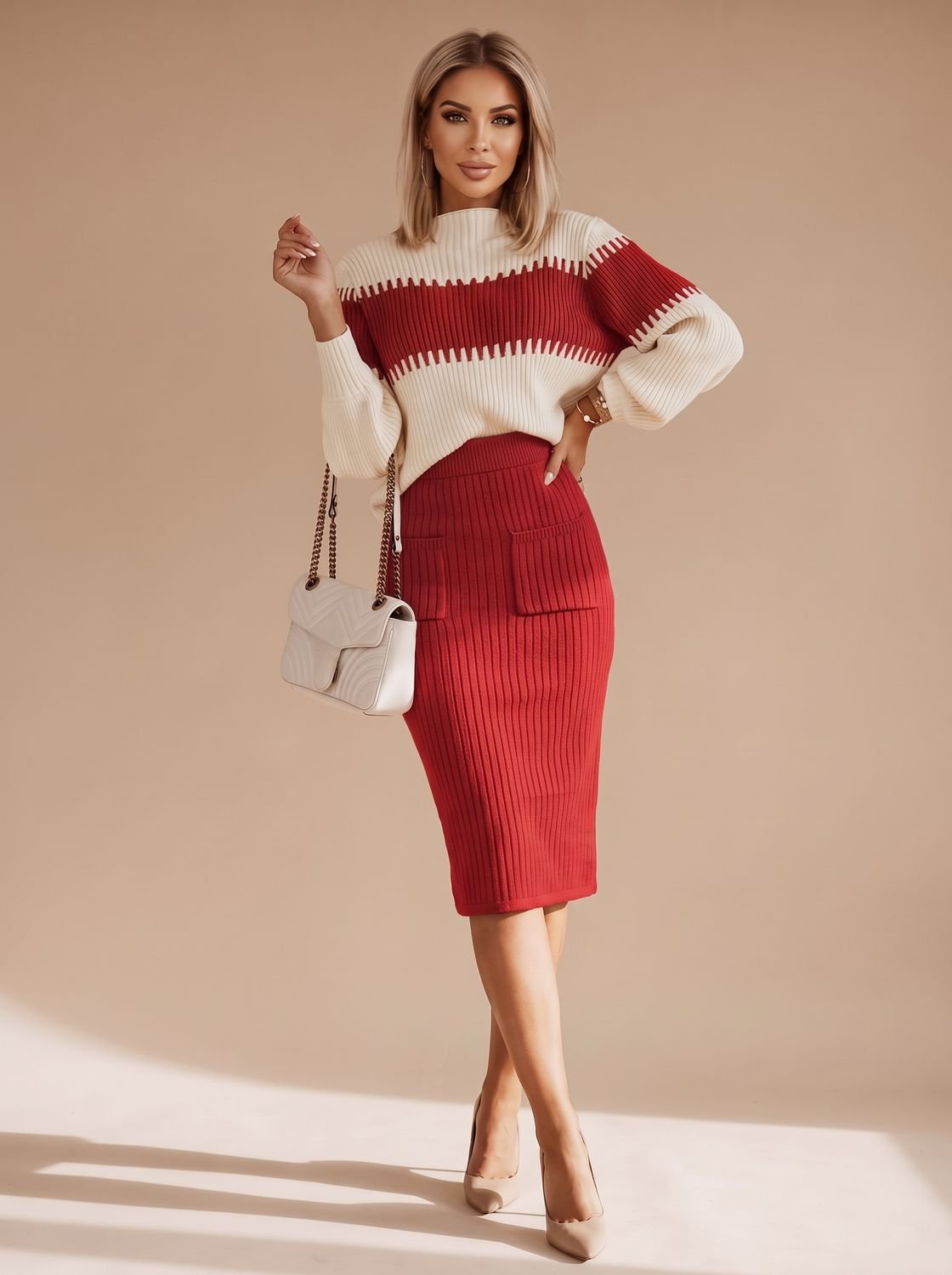 Annigje | Ribbed Turtleneck Sweater & Slit Midi Skirt Set